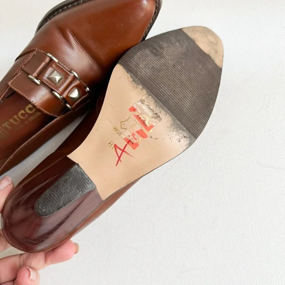 Vintage Leather Tucci Made in Italy Brown Unique Heel Loafers Shoeties 8 - Picture 12 of 15